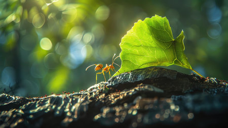 Incredible scene of an ant carrying a large leaf across a textured log, highlighting the determination and perseverance of small creaturesの素材