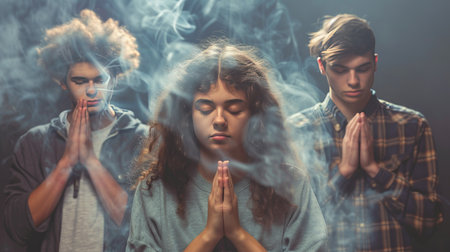 Devout teens: Teenagers praying with eyes closed, surrounded by smoke, set against a gray-black background with copy spaceの素材
