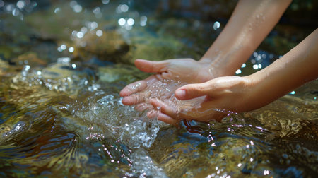 Close-up of hands feeling the cool, clear water of a natural river, highlighting purity and natural beauty.の素材