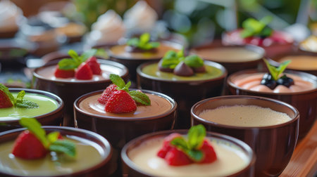 A variety of custard puddings in different flavors, such as vanilla, chocolate, and matcha, arranged on a dessert tableの素材