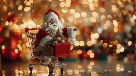 Adorable Santa Claus happily rides a red shopping cart amidst festive bokeh lights, symbolizing Christmas gift shopping joyfully in the holiday seasonの素材