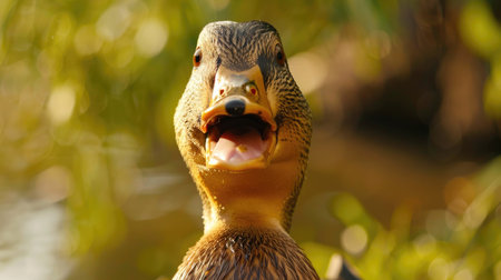 Happy duck: A close-up of a duck with a cheerful expression, appearing to smile, set against a natural outdoor backdropの素材