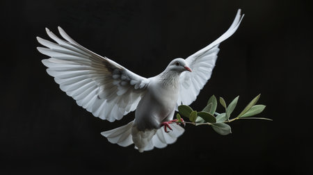 A white dove gracefully carries an olive branch, its flight symbolizing the universal aspiration for peace and unity.の素材