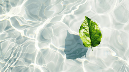 A single green leaf on transparent white water, sunlight dancing on the surface, creating a calming and beautiful top view mock-upの素材
