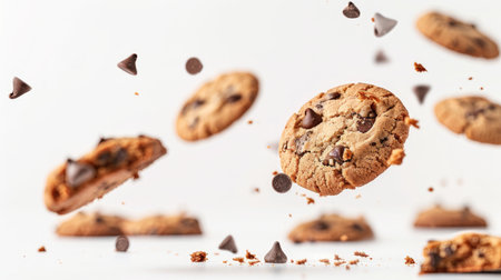 Chocolate chip cookies descending gracefully, each crumb and chocolate morsel suspended in the air, captured in crisp detail against a clean white surface.の素材