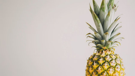 Ripe pineapple standing solo against a clean white backdrop, showcasing its prickly exterior and sweet, golden fleshの素材