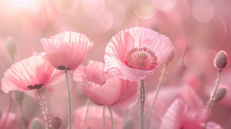 Pastel poppies: Close-up of pink poppy flowers with a soft, blurred background, creating a delicate and romantic floral sceneの素材