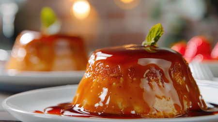 A close-up of a perfectly set custard pudding with a caramel glaze on top, served on a white plateの素材