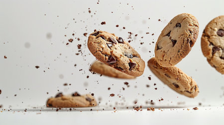 Chocolate chip cookies descending gracefully, each crumb and chocolate morsel suspended in the air, captured in crisp detail against a clean white surface.の素材