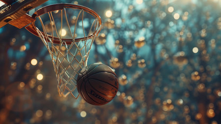 Close-up of a basketball about to pass through the hoop during a dramatic game-winning shot.の素材