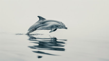 Lone dolphin elegantly navigating the waters against a white backdrop, capturing the essence of marine freedom and tranquilityの素材