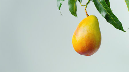 Ripe mango suspended mid-air with green leaves against a pristine white backdrop, evoking a sense of tropical freshness and delightの素材