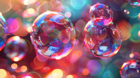 Luminous orbs: Abstract background of soap bubbles with dynamic light reflections, showcasing a spectrum of colors and intricate detailsの素材