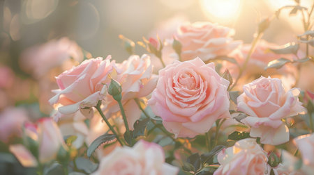 Delicate petals: Countless light pink roses with a gently blurred backdrop, emphasizing their soft, pastel hue and tender textureの素材
