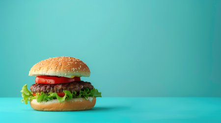 Mouth-watering burger on a bold blue background, with lots of empty space for adding text or other visuals.の素材