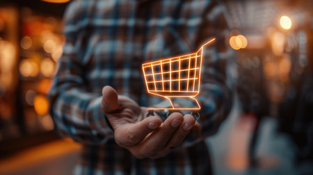Man's hand holding a shopping cart icon, representing the integration of online shopping with global connectivity and home delivery service optionsの素材