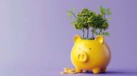 Yellow piggy bank with gold coins and trees growing out of the holes, isolated on a plain purple background, illustrating eco-friendly financesの素材
