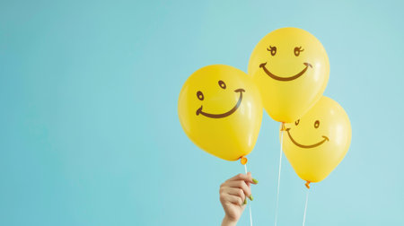 Yellow smiley face balloons in woman's hand against a light blue backdrop, expressing happiness and positivity with a cheerful and uplifting vibeの素材