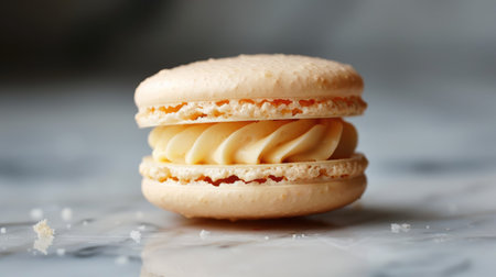 A close-up of a single macaron with a bite taken out, revealing its creamy filling and delicate texture.の素材