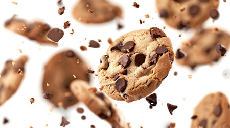 Chocolate chip cookies cascading down, captured mid-air against a clean white background, enticing viewers with their deliciousness.の素材