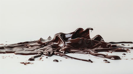 Melted dark chocolate drizzled on a white background, creating a tempting and luscious scene.の素材