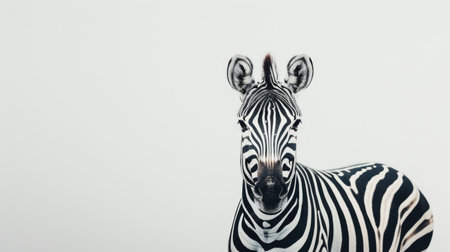 Striking zebra standing tall against a pristine white backdrop, its unique black and white stripes drawing attention in the minimalist settingの素材