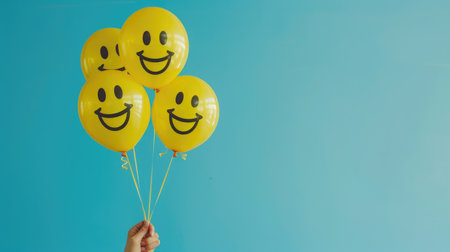 Woman's hand holding cheerful smiley face balloons against a light blue background, radiating happiness and positivity in vibrant yellow huesの素材