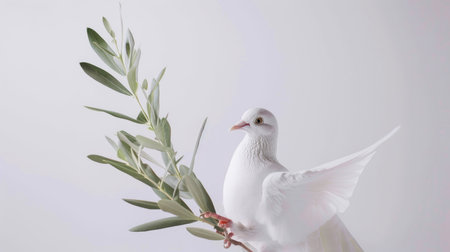 White dove carrying an olive branch, symbolizing peace and harmony, with ample space for text against a clean white backdropの素材