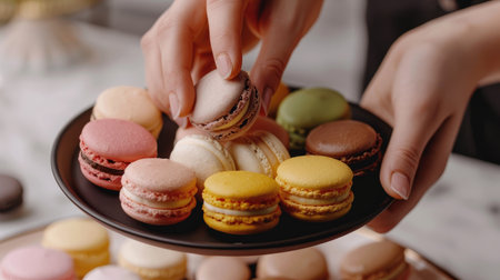 A hand picking up a macaron from a beautifully arranged platter of assorted macarons, emphasizing their appealの素材