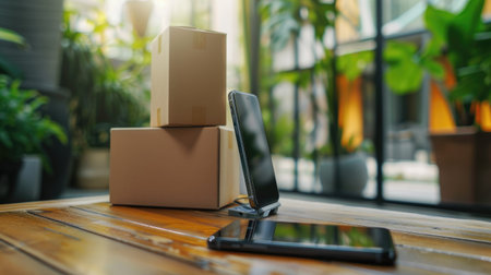 Conceptual image of online delivery service: smartphone with delivery app and parcel box, emphasizing convenience and efficiency in modern shopping experiencesの素材