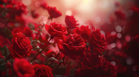 Passionate petals: Countless red roses with a gently blurred background, emphasizing their deep, passionate hue and velvety textureの素材