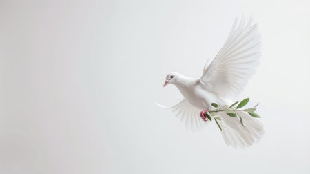 Serene white dove with olive branch in flight against a white background, providing a tranquil setting for text insertionの素材