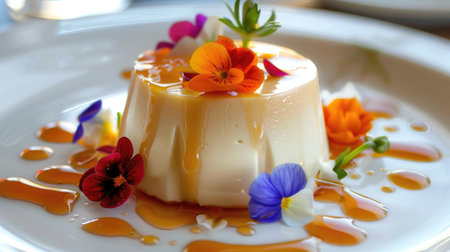 A beautifully plated panna cotta with a caramel sauce drizzle and a few edible flowers.の素材