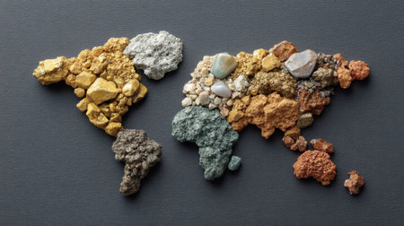 A captivating artistic portrayal of the world map crafted from an array of natural stones and minerals, featuring vibrant colors and intricate textures, perfect for various decor styles.の素材