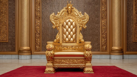 Experience the grandeur of an opulent golden throne adorned with intricate decorations, set against a rich red carpet in a luxurious interior space.の素材