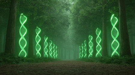 Experience a serene night in a mystical forest, where glowing DNA helices illuminate the pathway, blending nature and science in a harmonious display of beauty.の素材