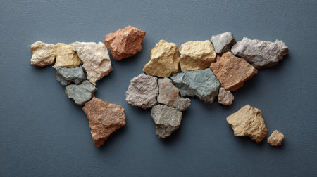 This creative image features an arrangement of colorful stones forming an abstract world map. Perfect for themes of nature, geography, and artistic expression.の素材