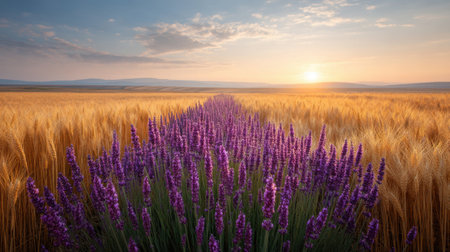 Experience the beauty of a tranquil countryside landscape where vibrant purple lavender blooms contrast against golden wheat fields during a stunning sunset.の素材