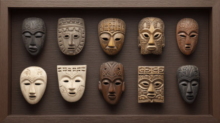 A captivating display of traditional carved wood masks arranged on a dark background, showcasing exquisite craftsmanship and cultural artistry perfect for interior decoration.の素材