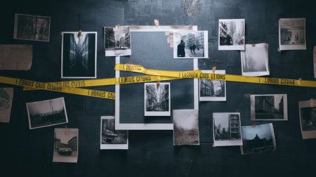 A creative investigation board showcasing evidence photos, caution tape, and notes related to crime scene analysis, ideal for detective work and forensic studies.の素材