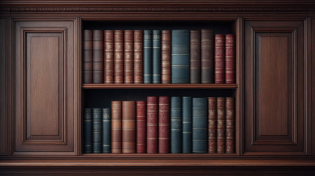 Discover an elegant dark wooden bookshelf filled with distinct volumes, creating a classic literary atmosphere that enhances any luxurious interior space.の素材