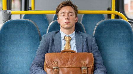 A young businessman appears exhausted while slumped on a bus seat, with a briefcase resting on his lap. This scene captures the reality of daily commuting stress.の素材