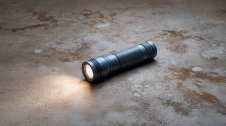 A sleek and modern portable flashlight rests on a textured brown surface, its beam illuminating the surrounding area, perfect for emergencies and outdoor adventures.の素材