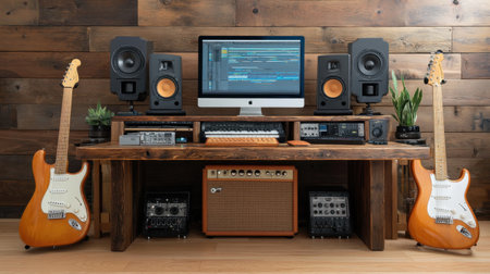 A contemporary music production studio featuring electric guitars, studio monitors, audio interface, and a computer, designed for creativity and sound engineering.の素材