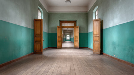 Explore an empty hallway featuring green walls and open doors. This composition evokes a sense of mystery, abandonment, and serene minimalism in architecture.の素材