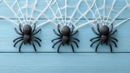 Discover an artistic arrangement of black spiders crawling across a white spiderweb on a vibrant blue wooden surface, ideal for seasonal decorations and themed events.の素材