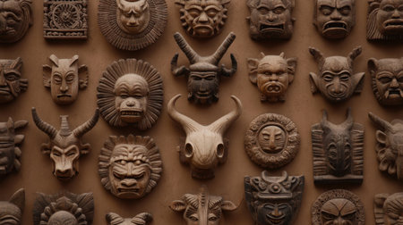 A stunning display of intricately carved wooden masks arranged on a wall, highlighting diverse cultural designs and styles for unique home decor inspiration.の素材