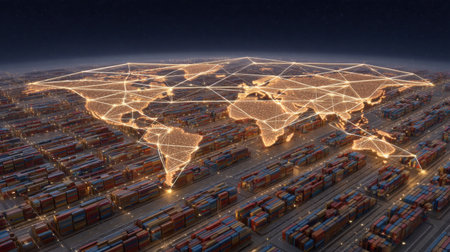 A captivating visualization of a global network connecting shipping containers and trade routes, illustrating the integration of logistics and technology in modern commerce.の素材