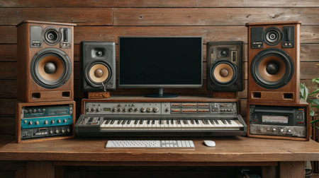 Discover a retro-inspired music studio setup featuring vintage speakers, a synthesizer, and a monitor on a warm wooden desk, ideal for sound mixing and creation.の素材