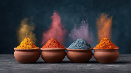 Discover a stunning visual of vibrant pigment powders bursting from clay pots, creating an artistic display. Perfect for celebrating color in creative designs.の素材